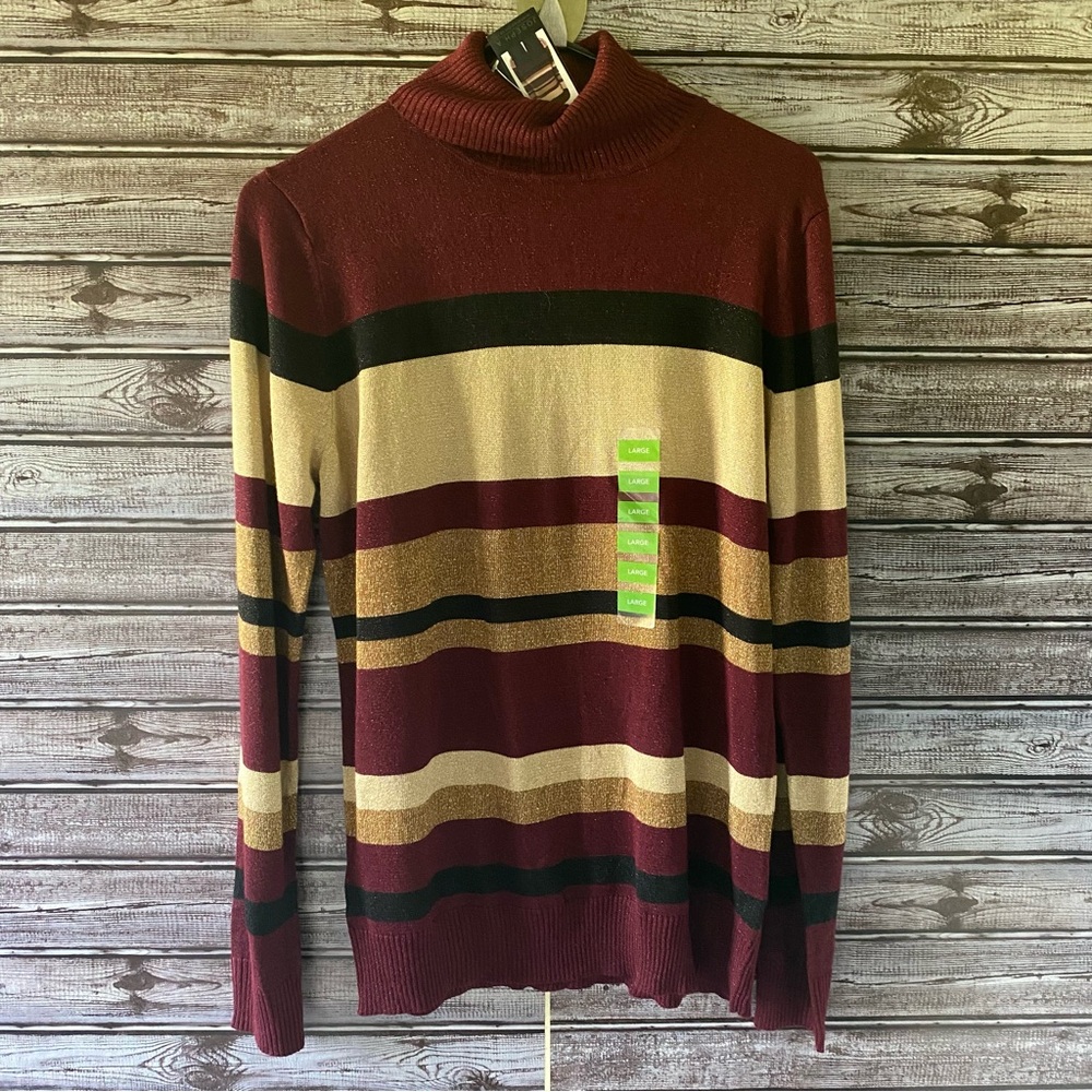 Joseph A.Women's Long-Sleeved Turtleneck Sweater Size L Wine Gold Metallic NWT